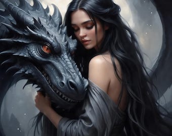 Sorceress and Dragon Art Print: Mystical Fantasy Wall Decor (Digital Download)