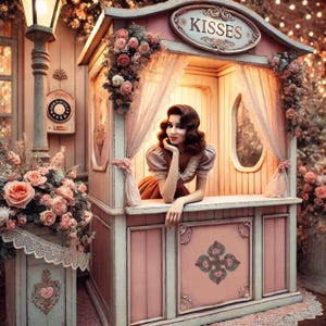 Whimsical Vintage Kissing Booth Wall Art Romantic Valentine’s Day Décor Gift Idea Retro Love Poster Shabby Chic Digital Print Gift For Her