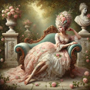 Könnte beinhalten: Eine Frau in einem rosa-weißen Kleid mit floralen Akzenten sitzt auf einer türkisfarbenen Chaiselongue. Der verzierte Stuhl hat goldene Verzierungen. Die Frau hat eine große Blumenfrisur. Eine klassische Büste und Urnen mit Blumen befinden sich im Hintergrund.