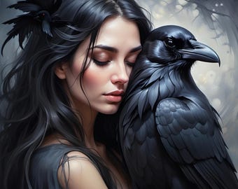 Mystical Witch and Raven Print: Dark Gothic Halloween Decor