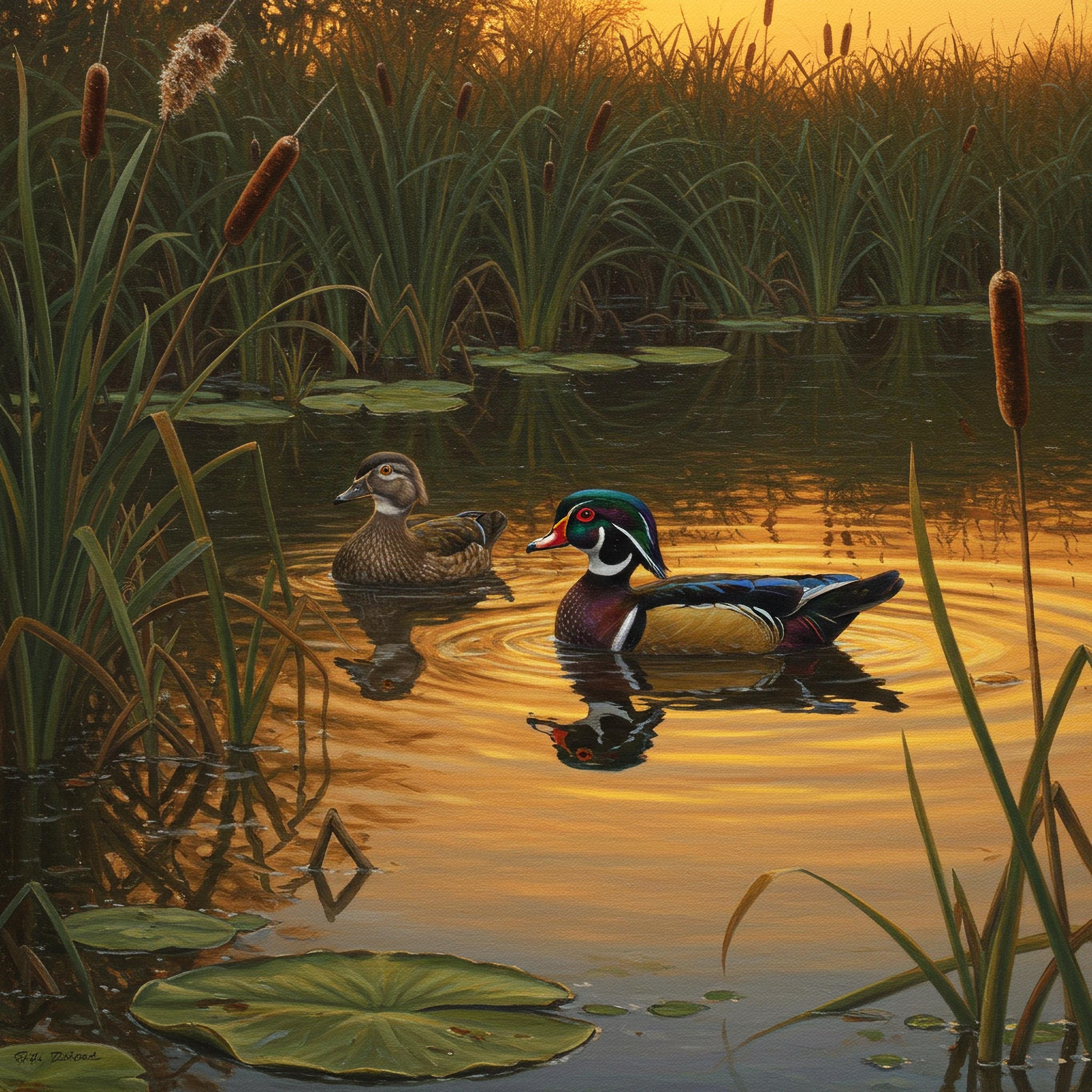Wood Ducks at Sunset: Tranquil Pond Nature Wall Art (digital