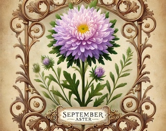 Vintage bloemenprint aster: bloemenkunst geboorte september (digitale download)