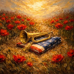 May include: An oil painting depicts a golden bugle resting on a folded American flag, surrounded by red poppies. The scene is set in a field with a path leading towards a bright, golden sky, evoking a sense of remembrance and honor.