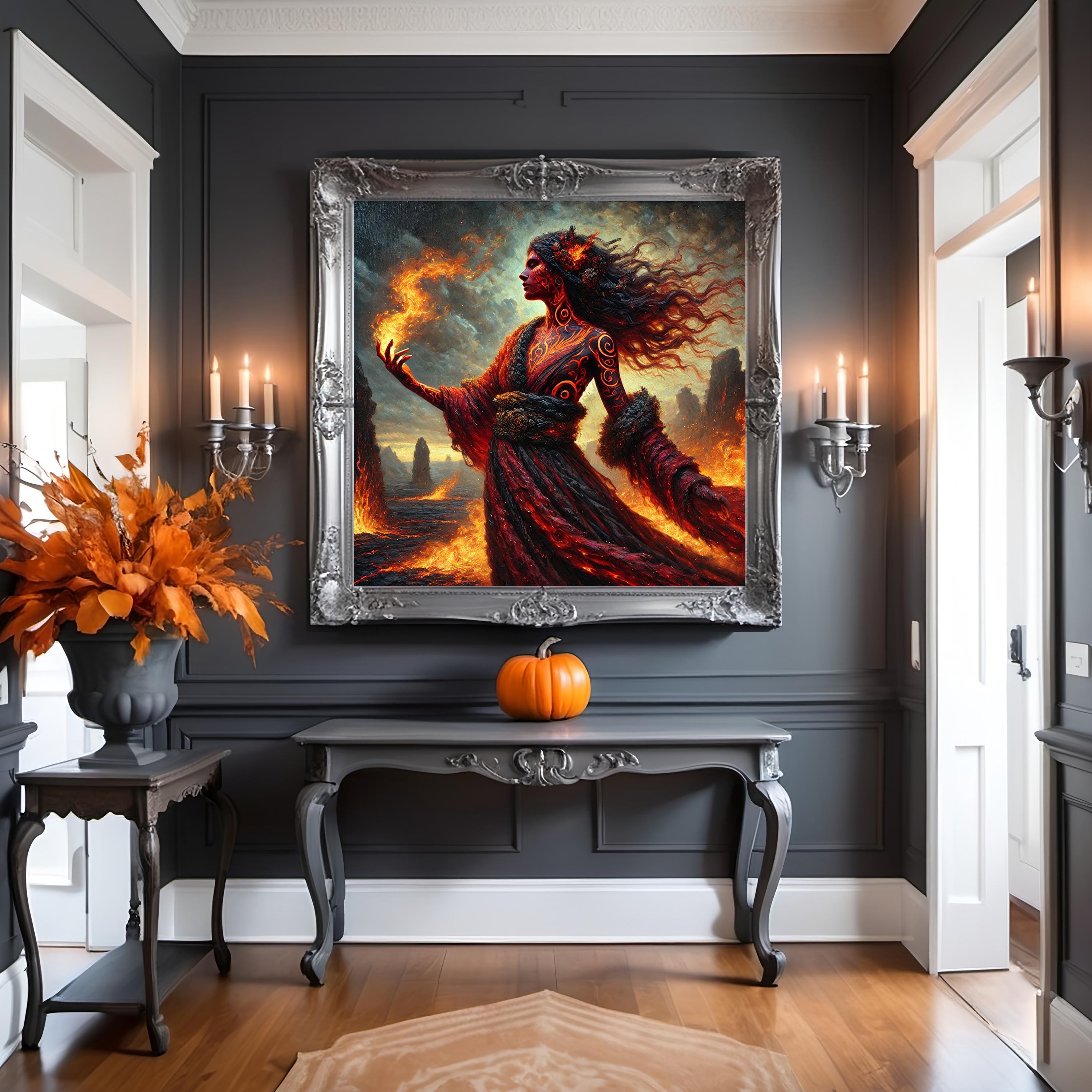 Tattooed Fire Witch Digital Art Print: Volcanic Lava Goddess 