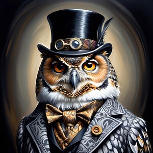 May include: A great horned owl wearing a black top hat adorned with a feather and brass-rimmed goggles, a patterned grey suit jacket, and a gold and brown paisley bow tie. The owl has bright orange eyes and detailed brown, white, and black feathers.