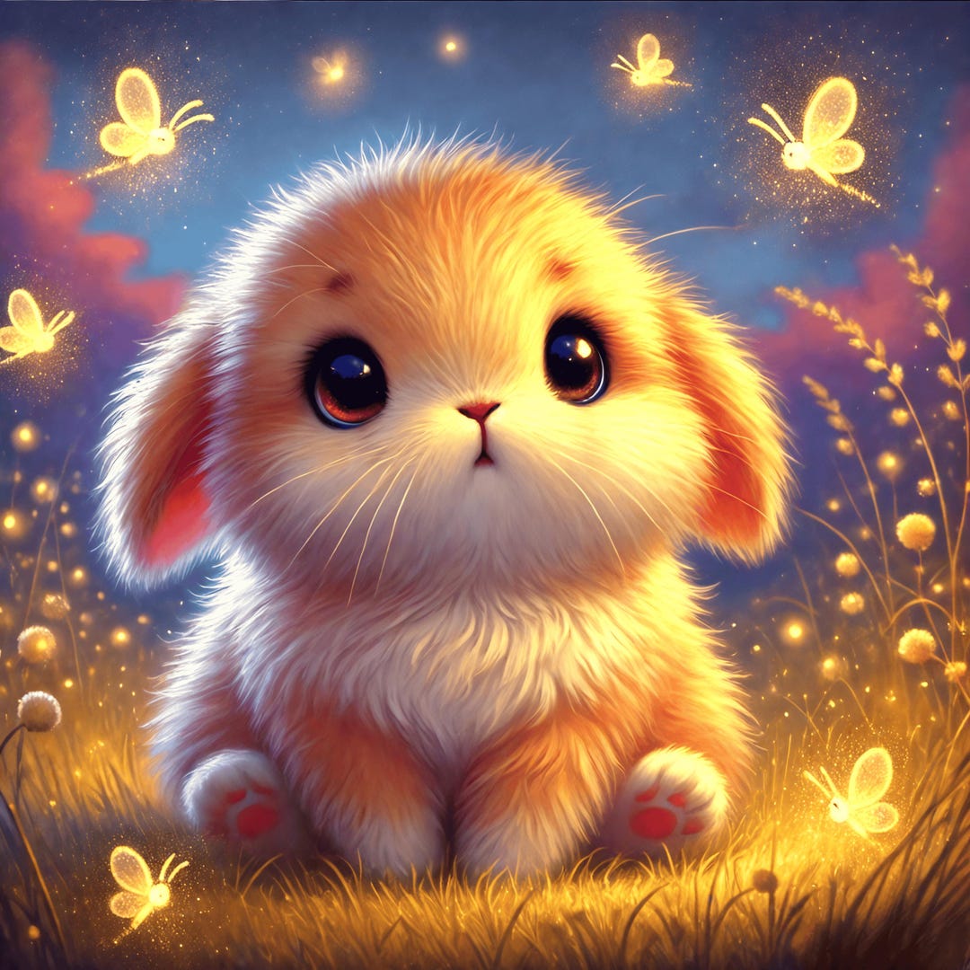 Baby Bunny Art Print: Glowing Fireflies, Whimsical Nursery Art Decor ...