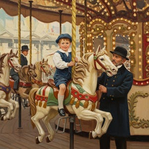 Junge und Papa Karussell Fahrt Digitaldruck wunderliche Jahrmarkt Kunst Vater Sohn Vintage Stil Vater Geschenk Wanddekoration
