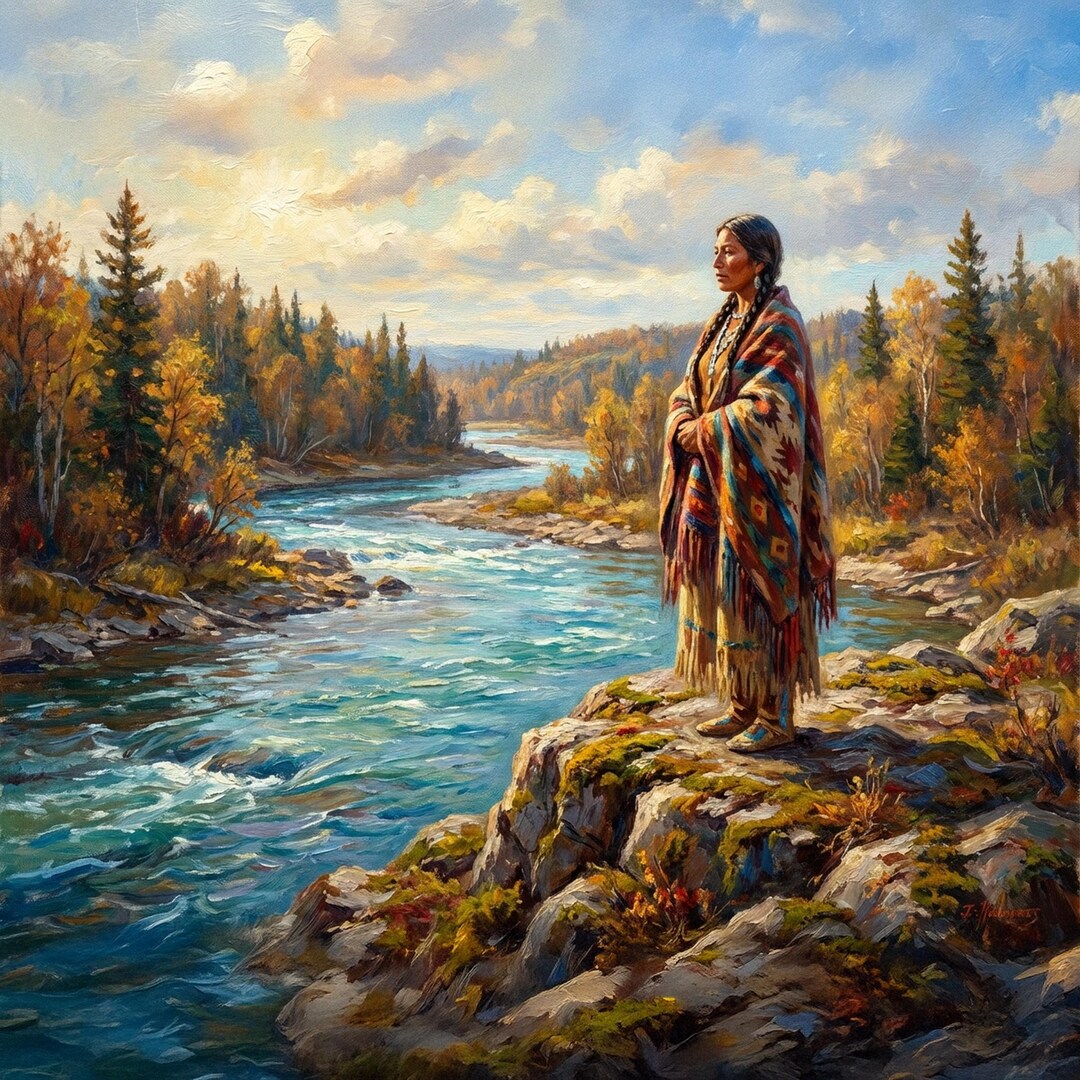 Native American Woman River Oil Painting Landscape Spiritual Nature Art ...