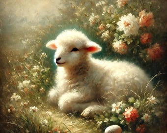 Impresión digital de cordero vintage: Arte mural de granja de Pascua (descarga digital)