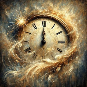 May include: An analog clock face with Roman numerals and dark hands pointing to twelve, surrounded by swirling golden light and ethereal smoke-like patterns. A bright starburst effect illuminates the upper left corner of the circular clock frame.