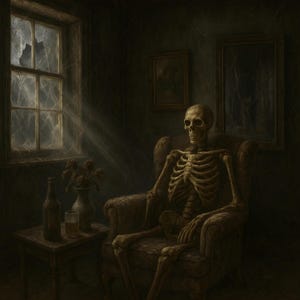 Haunting Skeleton Waiting in Gothic Room Dark Spooky Skeleton Wall Art Digital Halloween Decor Eerie Gothic Skeleton Print Download Gift