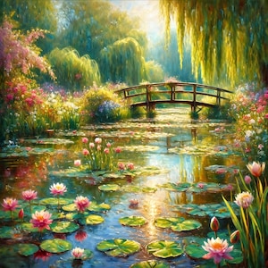 Puede incluir: Una pintura vibrante de una escena de jardín serena. Un puente de madera se arquea sobre un estanque lleno de nenúfares y nenúfares rosas. La exuberante vegetación y las flores coloridas rodean el agua, con sauces llorones y luz solar creando un ambiente tranquilo.