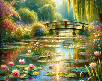 May include: An impressionistic painting of a tranquil pond filled with vibrant pink water lilies and green lily pads. A dark wooden arched bridge spans the water, surrounded by lush weeping willow trees and colorful wildflowers under sunlight.