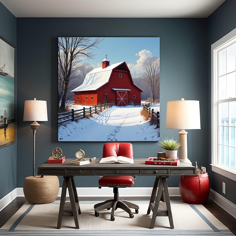 Red Barn Winter Landscape Art: Rustic Farmhouse Print (digital Download ...