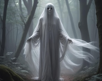 Ghostly Figure in Foggy Forest Print: Eerie Gothic Halloween Decor (Digital Download)