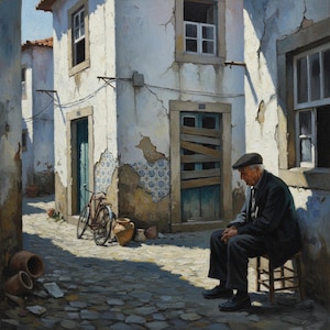 May include: Oil painting of a cobblestone street scene with aged buildings. A man in a cap sits on a wooden chair. A bicycle leans against a building with a turquoise door. Earth-toned pottery and peeling paint add to the rustic charm.