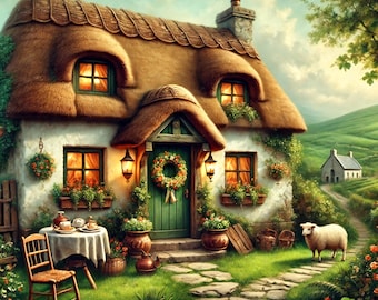 Irish Cottage Print: Thatched Roof Home, Rustic Ireland Art (Digital Download)