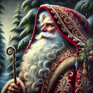Vintage Victorian Santa Claus Portrait | Intricate Holiday Artwork | Classic Christmas Decor | Festive Red Robe & Snowy Forest Background