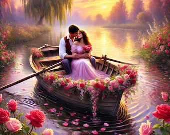 Romantic Couple in Floral Rowboat: Sunset Lake Art Print (Digital Download)