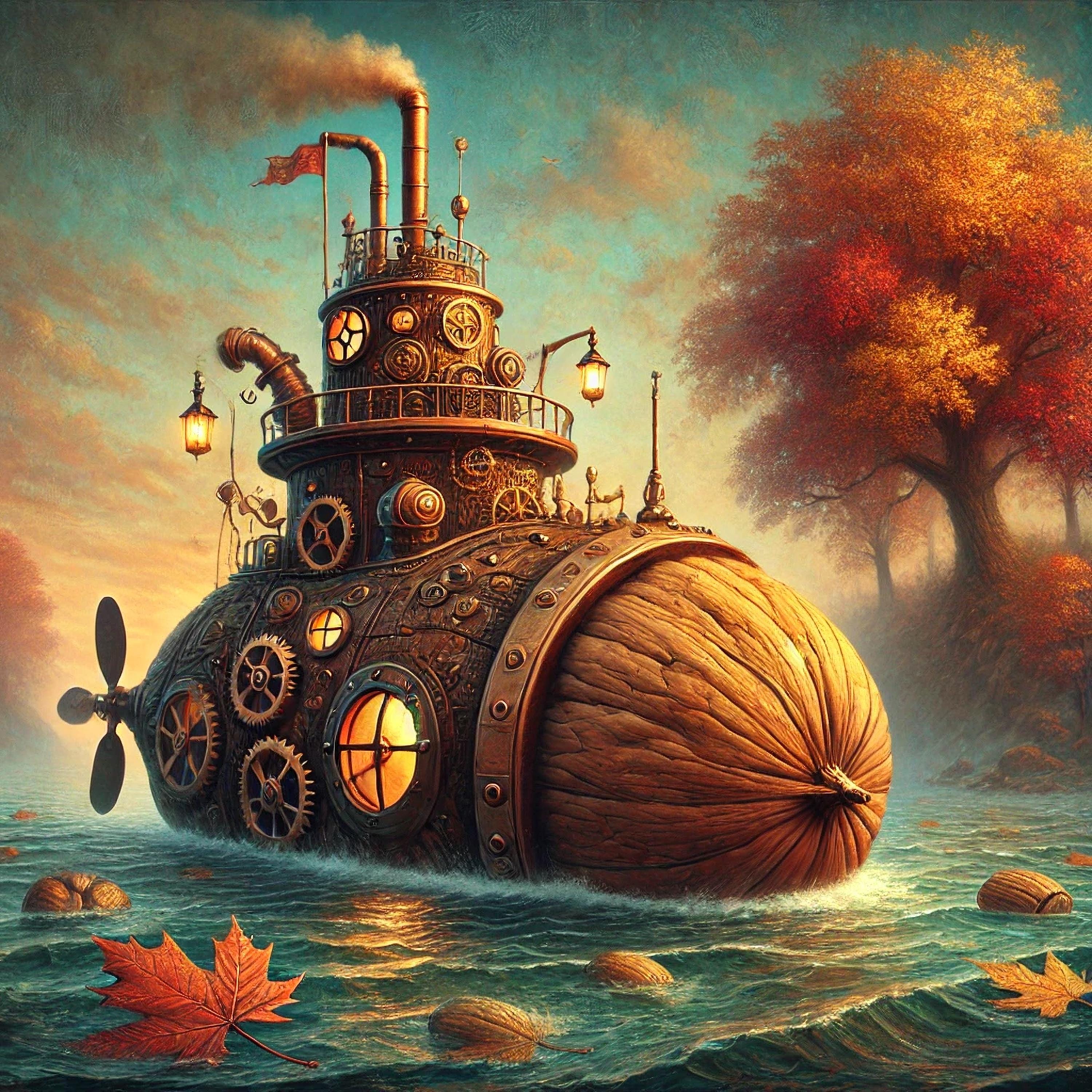 Steampunk Walnut Submarine Art: Whimsical Autumn Nautical Fantasy Decor ...