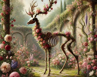 Gothic Skeleton Deer Print: Enchanted Floral Garden, Halloween Decor (Digital Download)