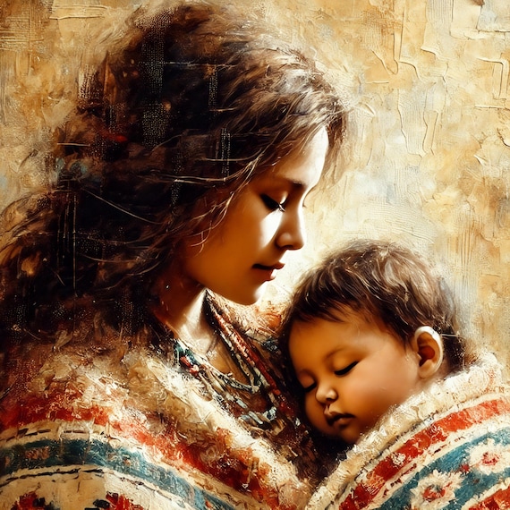 Native American Mother And Child Art Indian Maiden & Child Original