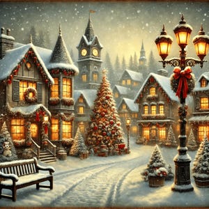 Vintage Christmas Town Wall Art Snow-Covered Winter Village Festive Holiday Decor Artwork Gift Charming Christmas Town Digital Print