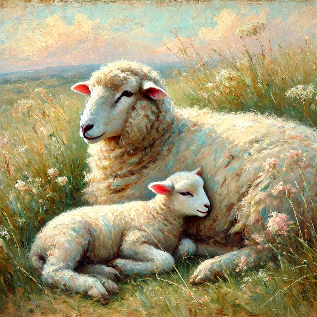Mother Sheep and Lamb Oil Painting: Vintage Nursery Art (digital ...