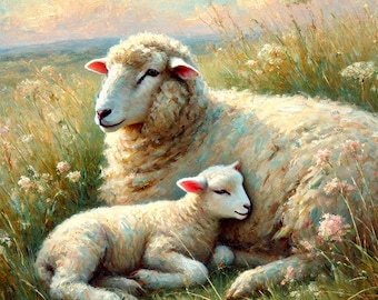 Mother Sheep and Lamb Oil Painting: Vintage Nursery Art (digital ...