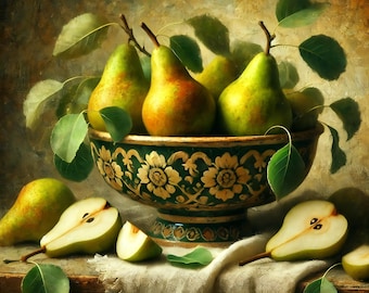 Vintage Pear Still Life Art Print: Rustic Fruit Bowl (Digital Download)