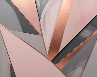 May include: A square wall art piece featuring a geometric composition of angular shapes in shades of soft pink, light gray, and dark charcoal. The segments are separated by thin, metallic copper-colored lines that create a sharp, layered effect.