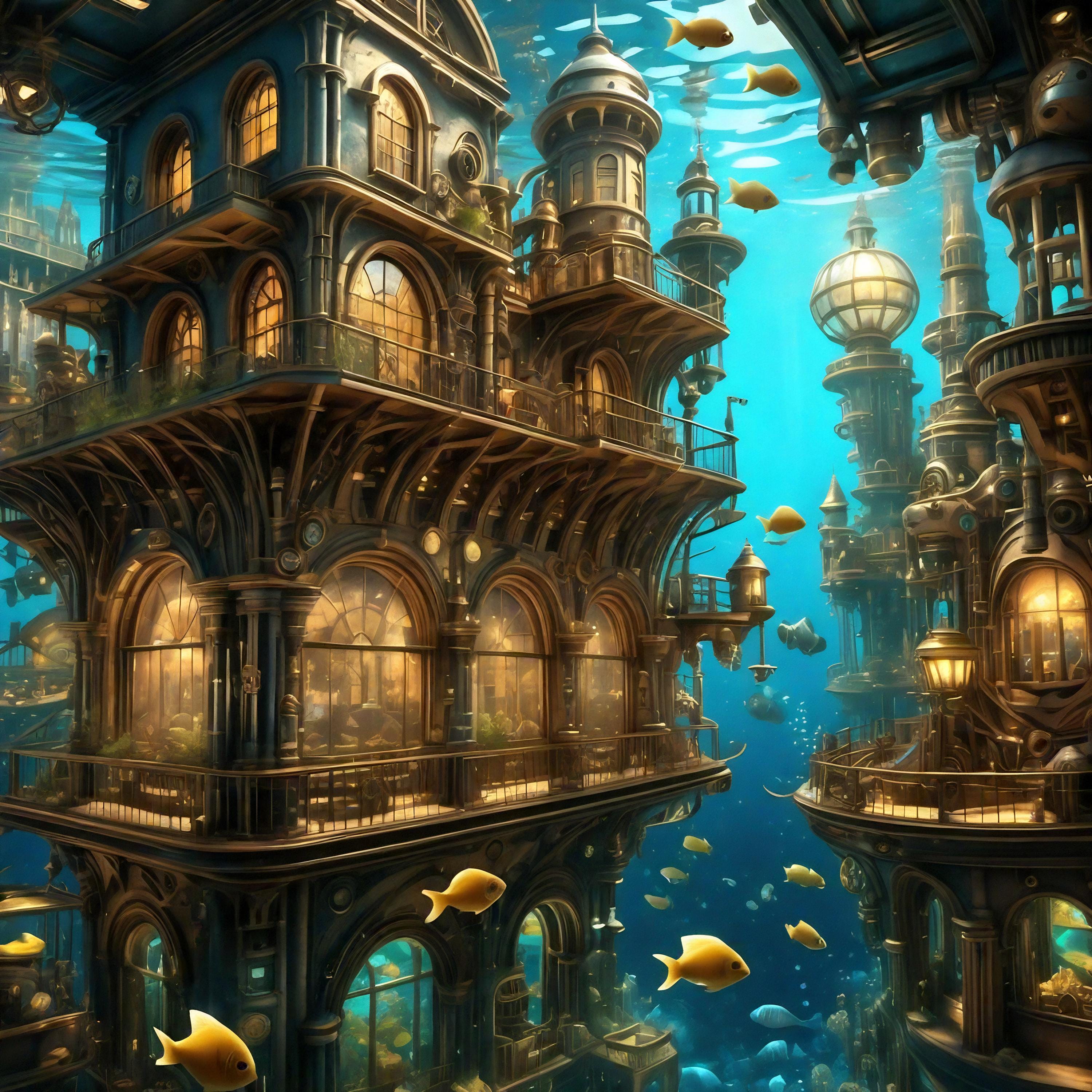 Steampunk Underwater City Art Print: Nautical Sci-fi (digital