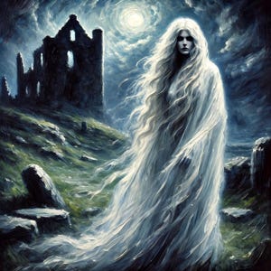 Puede incluir: Una mujer con un vestido blanco se encuentra frente a un edificio de piedra en ruinas. Su largo cabello blanco ondea con el viento. La escena se desarrolla en un cielo oscuro y tormentoso con una luna brillante en la distancia.