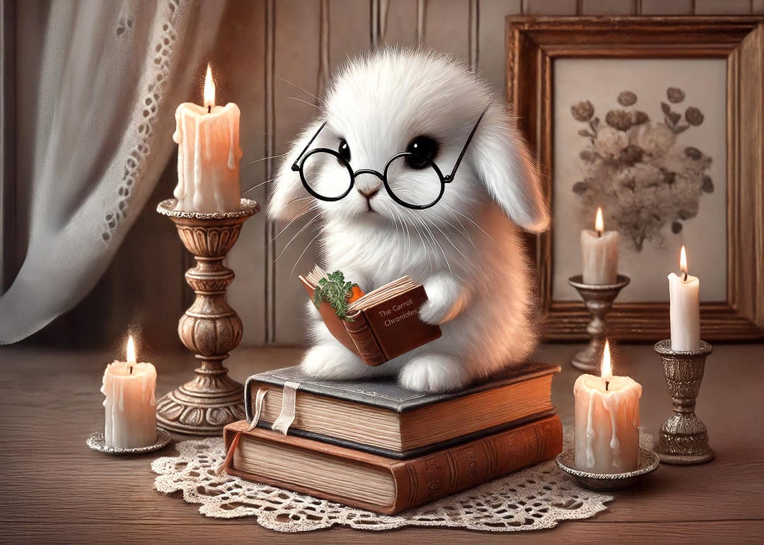 Studious Rabbit Printable Studious Bunny Easter Greeting Card Whimsical Rabbit Reading ...