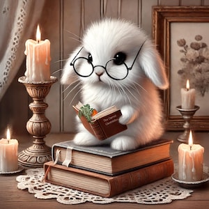 May include: A fluffy white bunny wearing round glasses reads a book titled "The Carrot Chronicles" while sitting on a stack of books. Lit candles in ornate holders and a framed picture create a cozy, whimsical scene.