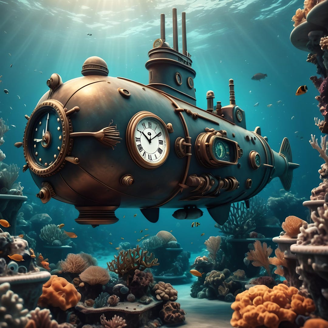 Underwater Steampunk Submarine Digital Print Nautical Fantasy Wall Art ...