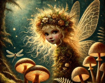 Wild Woodland Fairy: Golden Mushroom Forest Art (Digital Download)
