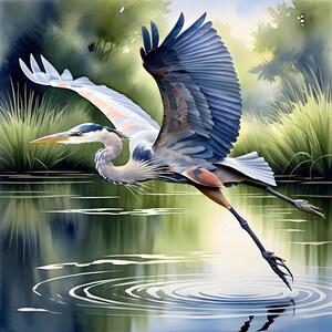 Blauer Reiher im Flug Digitaler Download Serene Natur Wandkunst, Wildtiere Druckbare Friedliche See Szene Elegantes Dekor für Haus Geschenkidee