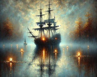 Haunted Ghost Ship Digital Print: Spooky Halloween Pirate Art (download)