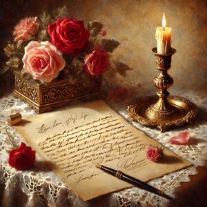 Impresión digital con carta de amor de San Valentín vintage, arte de pared romántico, idea de regalo para ella, rosas y velas, pintura impresionista de naturaleza muerta, regalo
