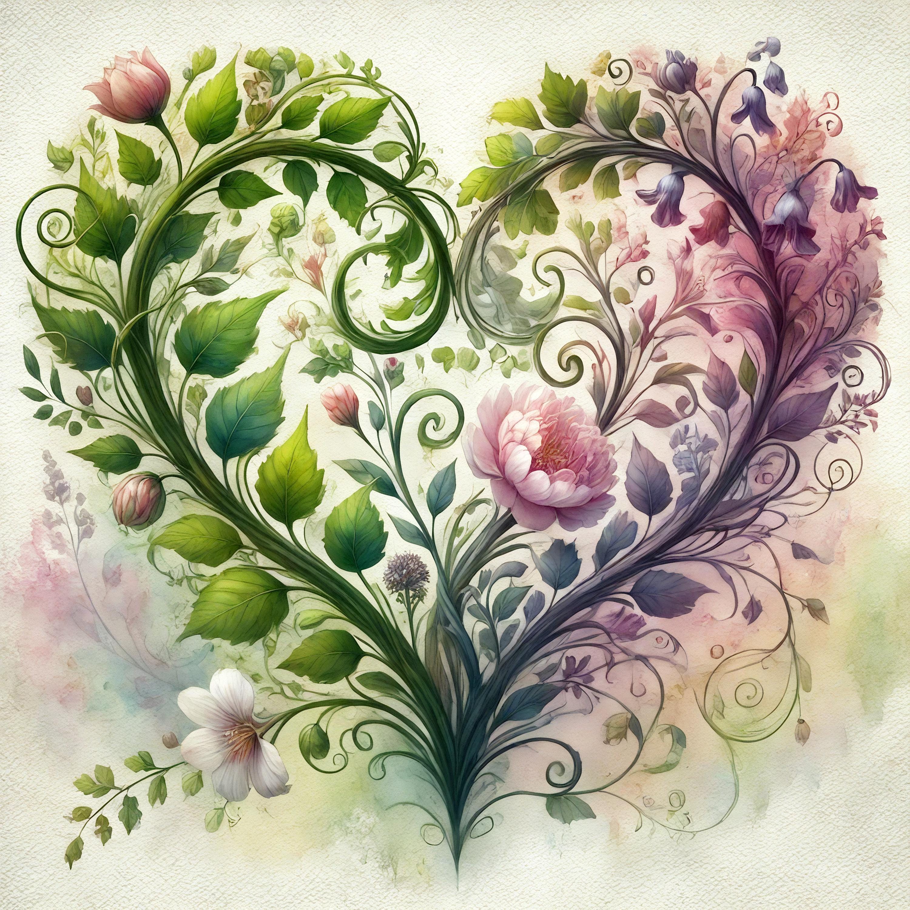 Botanical Heart Watercolor Print, Floral Love Art (digital Download) - Etsy