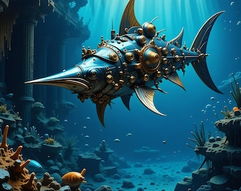 Steampunk Fish Print: Underwater Fantasy Nautical Wall Art