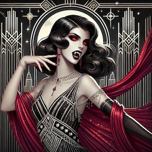 Puede incluir: Ilustración de estilo Art Déco de una mujer vampiro con cabello oscuro, ojos rojos y colmillos. Viste un vestido negro y plateado, aretes rojos y una capa roja. El fondo presenta patrones geométricos y un diseño circular.