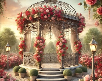 Vintage Rose Gazebo Print: Romantic Garden Scene, Valentine's Day Decor (Digital Download)