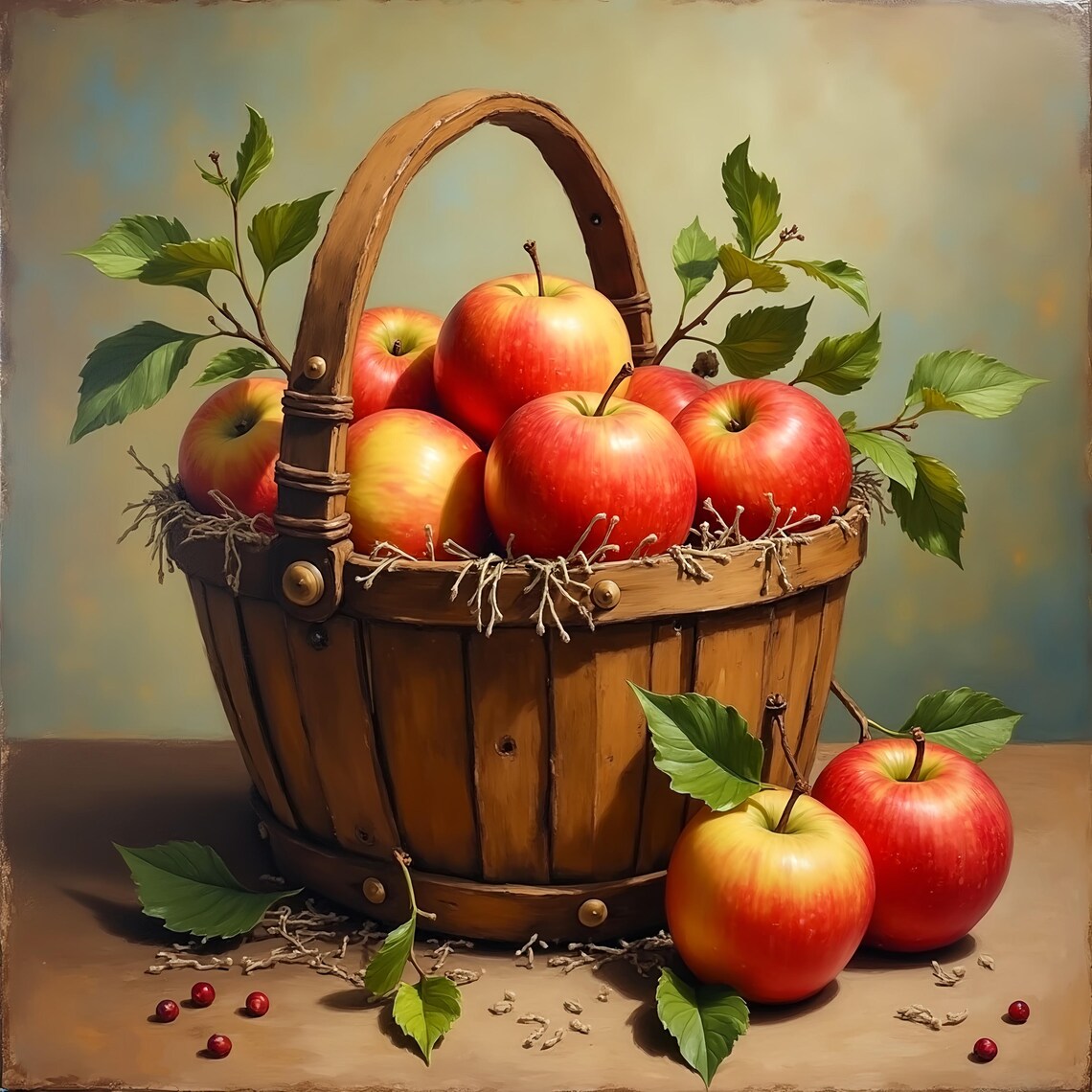 Rustic Apple Basket Print Vintage Farmhouse Kitchen Wall Art (digital