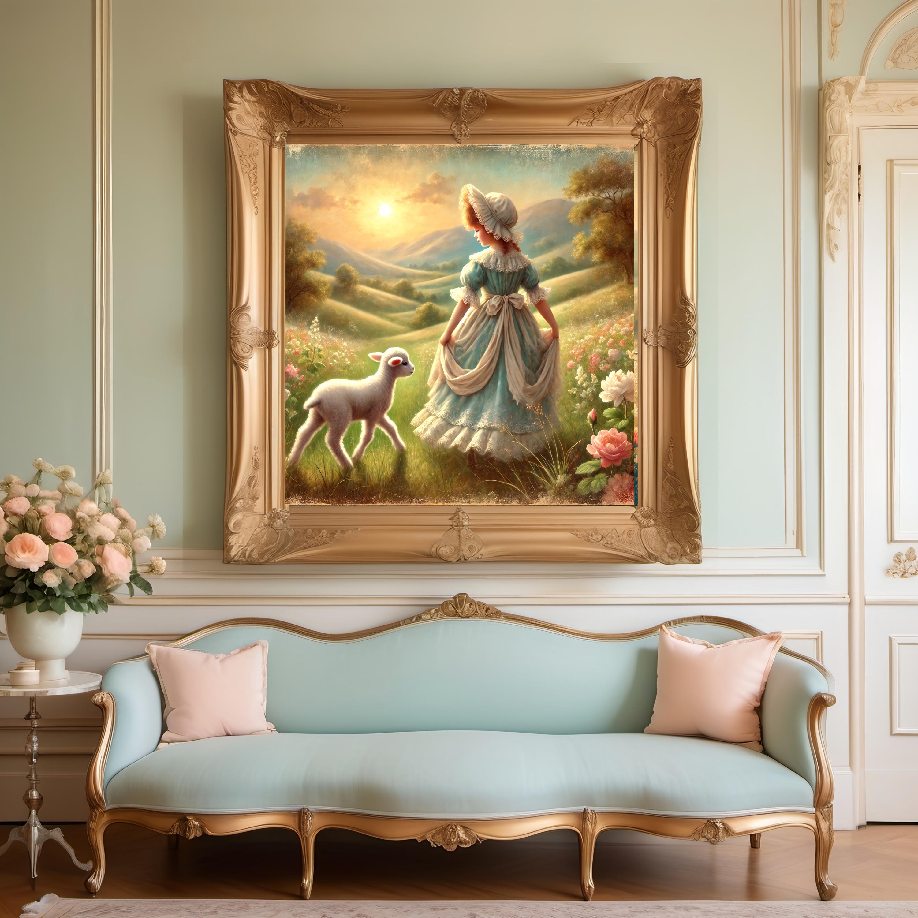 Vintage Girl and Lamb Art Print: Pastoral Nursery Decor (digital