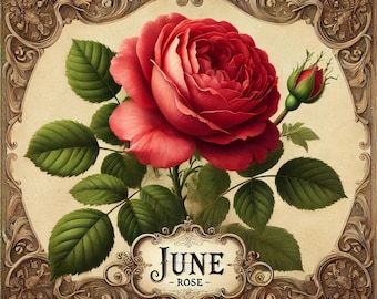June Birth Flower Rose Print: Vintage Botanical Wall Art (Digital Download)