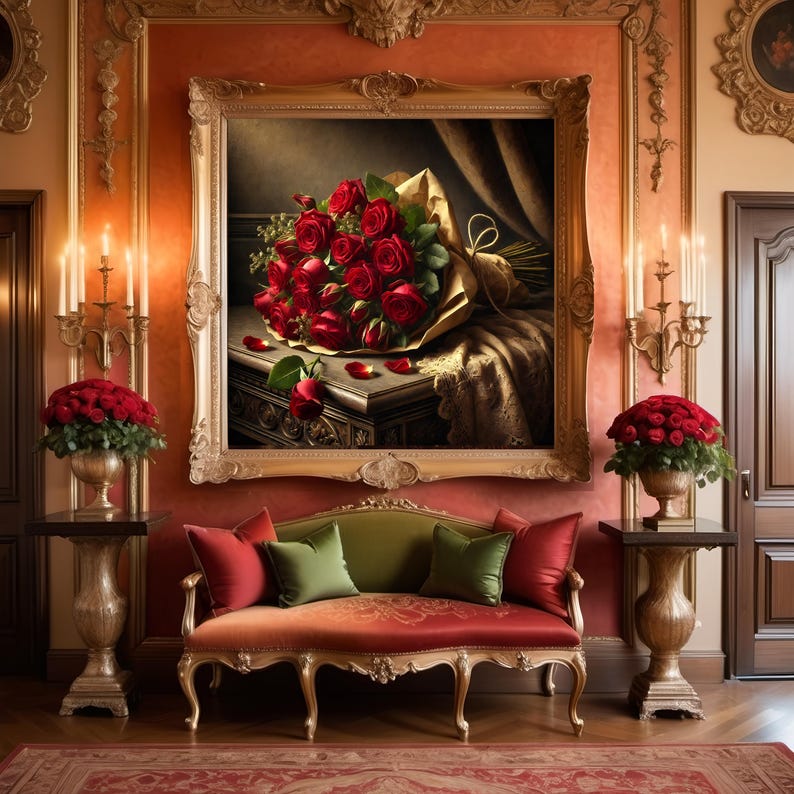 Red Rose Bouquet Still Life Print: Vintage Floral Decor (digital ...