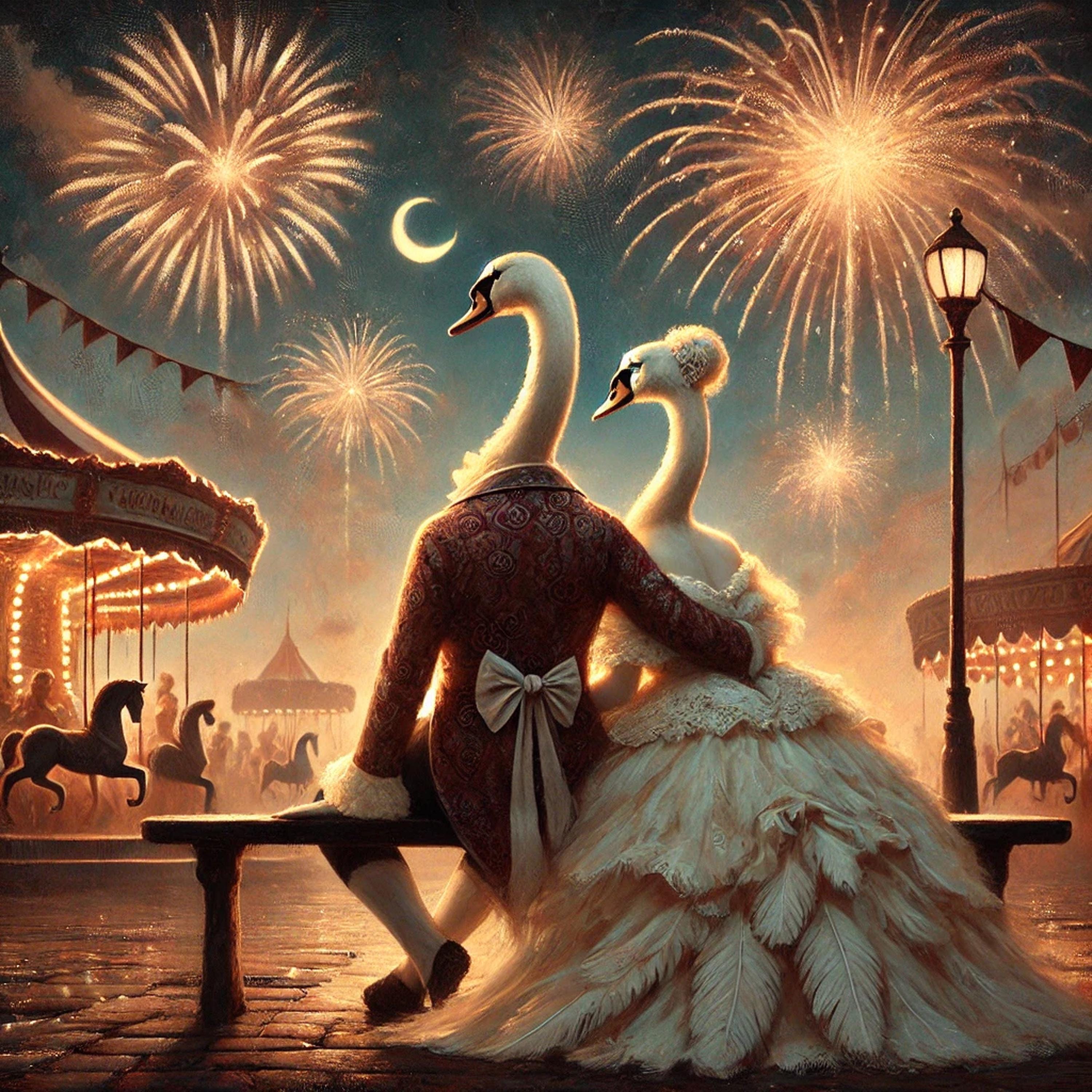 Swan Couple Carnival Print: Romantic Anthropomorphic Animal Art