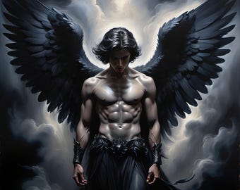 Puede incluir: Una figura musculosa con alas oscuras y plumosas extendidas se encuentra frente a un fondo de nubes grises arremolinadas. La figura tiene cabello oscuro, usa muñequeras negras y está envuelta en una prenda negra fluida que cubre el cuerpo.